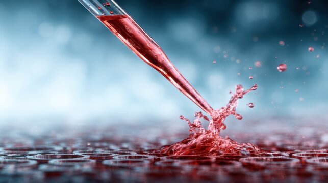 A detailed close-up of a pipette dropping red liquid into a laboratory setting, illustrating the precision and accuracy essential in scientific experiments and analysis.