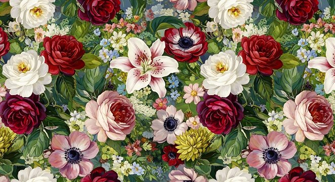 Floral pattern featuring roses lilies and other colorful flowers design