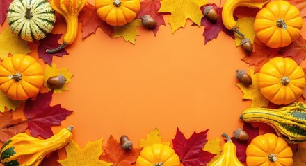 Fototapeta premium Top view of a festive autumn frame with mini pumpkins, gourds, fall leaves, and acorns on a warm orange background with central copy space, blank, copy space, vibrant
