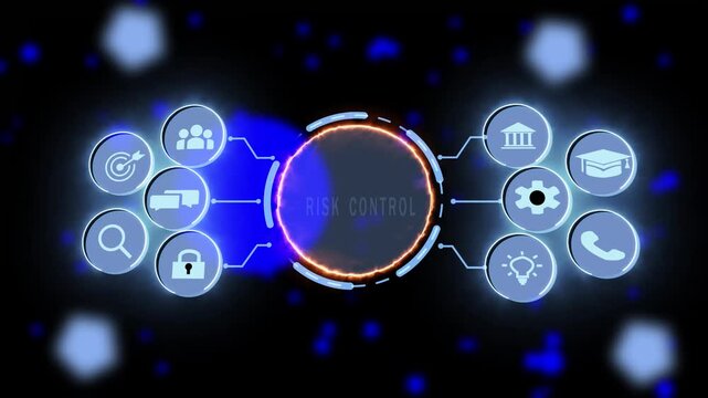 Dynamic risk control digital interface featuring futuristic hud with interactive business and glowing data network connections for corporate financial security presentations