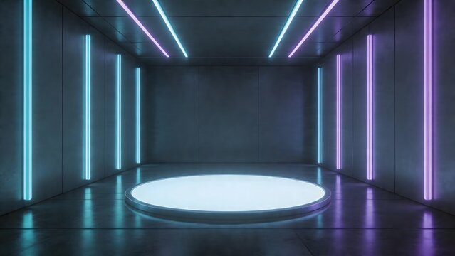 Neon lit empty room with circular platform
