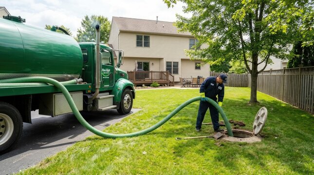A sewage truck operator is pumping wastewater from a septic tank into a large holding tank. The worker is kneeling on a green lawn, using a long hose to direct the flow.