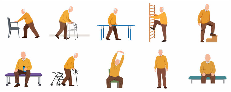 Elderly Man Performing Physical Therapy and Rehabilitation Exercises for Mobility Improvement