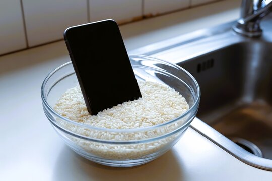 smartphone submerged in bowl of rice on kitchen counter. Water damage rescue