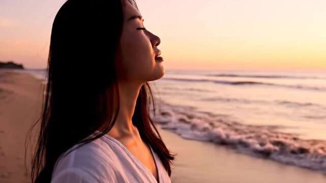 Woman at sunset contemplative portrait on sandy beach with ocean waves