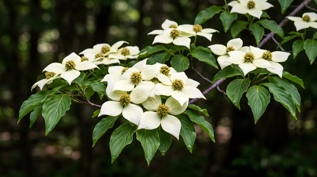 A serene forest scene featuring a dogwood tree with white flowers and lush green leaves near a riverbank at dawn.