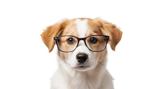 Un adorable perro joven de pelaje suave luciendo unas gafas modernas de montura oscura mientras mira fijamente a la c&aacute;mara sobre un fondo, cabeza, joven, c&aacute;mara