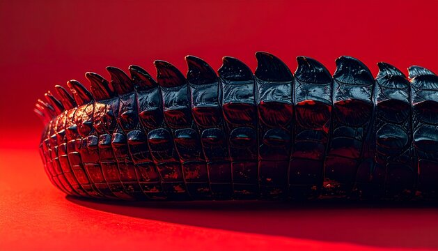 Macro Close-up of a Crocodile Tail with Sharp Spikes on a Vibrant Red Background