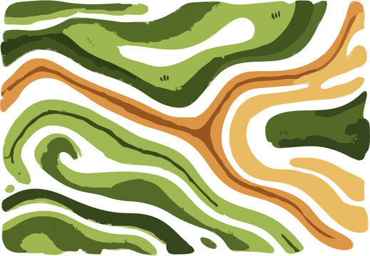 A straight-line topographic map with rigid parallel contours flows over a grunge cardboard texture in flat burnt orange, forest green, and cream colors