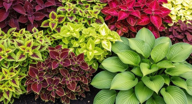 Vibrant garden beds feature a lush variety of patterned coleus leaves and broad green hostas in a beautifully designed landscape setting, vegetation, yard, textures