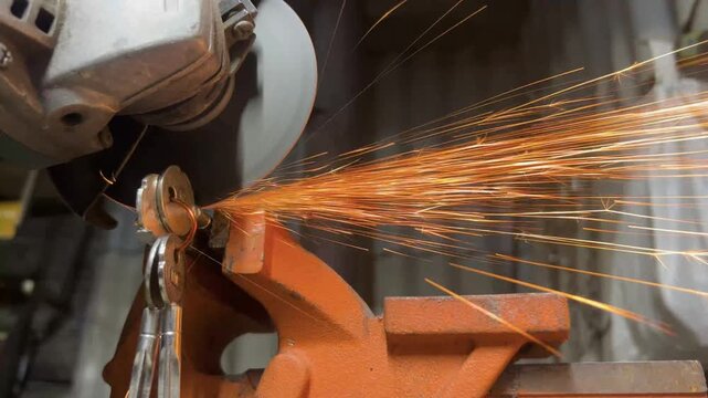 Close up of angle grinder cutting through metal key held in orange vise. Bright sparks fly as rotating disc cuts metal in workshop. Industrial metalworking process