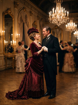 Victorian Couple Dancing in Candlelit Ballroom, Burgundy Velvet Gown and Evening Dress, Romance Novel Cover Concept