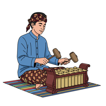 Indonesian man playing traditional gamelan saron instrument, ethnic music performance, cultural heritage