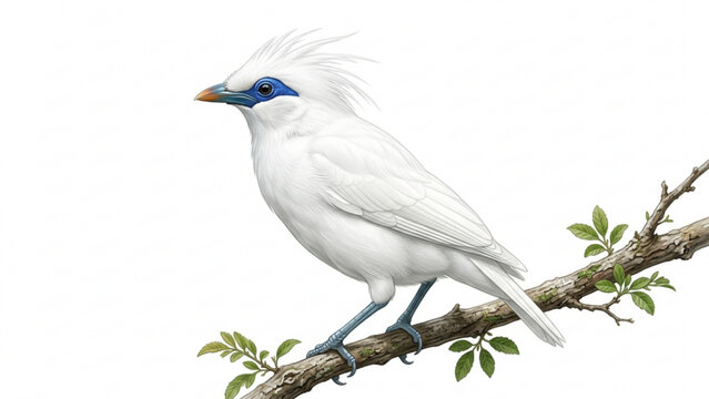 Critically Endangered Bali Myna Bird on a Tree Branch