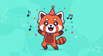 Cartoon Red Panda Wearing Party Hat. © Kelik