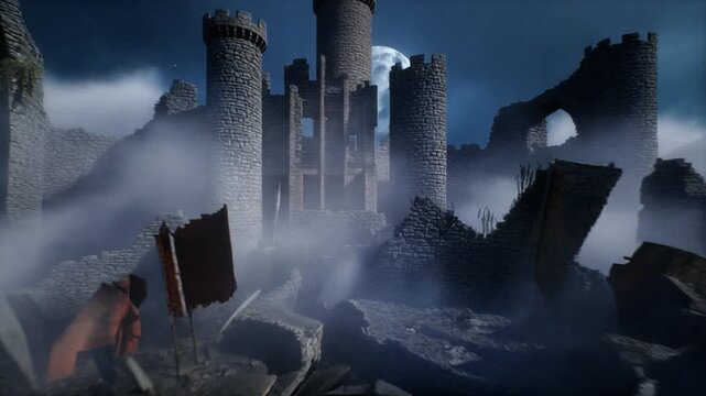 Whispers of a bygone era echo through the desolate ruins of a majestic castle, bathed in the ethereal glow of a full moon amidst a mysterious fog