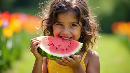 Happy little girl eating juicy watermelon slices outdoors in summer garden. Smiling child enjoying fresh fruit, healthy snack and sunny day, bright lifestyle scene with natural light and cheerful mood