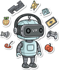 Fototapeta premium Cute robot mascot wearing a virtual reality headset with gaming icons