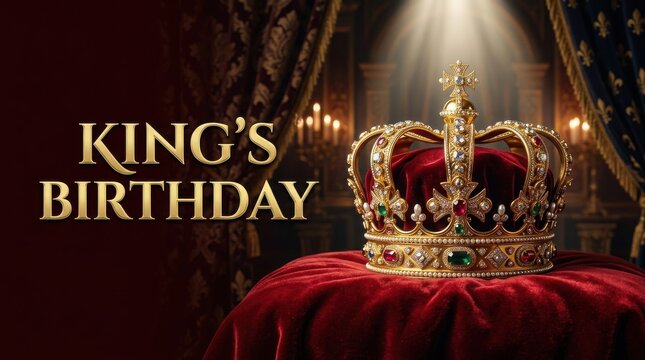 King's Birthday celebration banner, golden royal crown on red velvet cushion, majestic throne room background with elegant typography