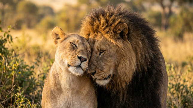 A heartwarming display of tender affection between a magnificent lion pair, embodying powerful natural bonding on the African savanna