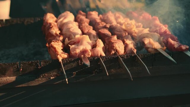 Skewers with meat cooking on hot charcoal grill. Shish kebab frying outdoors during picnic. Food preparation on wire rack with smoke rising from burning coal.