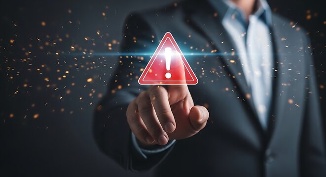 Businessman pressing red triangular warning symbol with hand spark effect