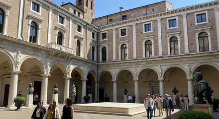 Obraz premium Historical building courtyard with archways and sculptures daylight scene