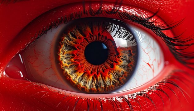 Extreme macro close-up of a surreal red eye with a fiery orange iris and detailed bloodshot veins