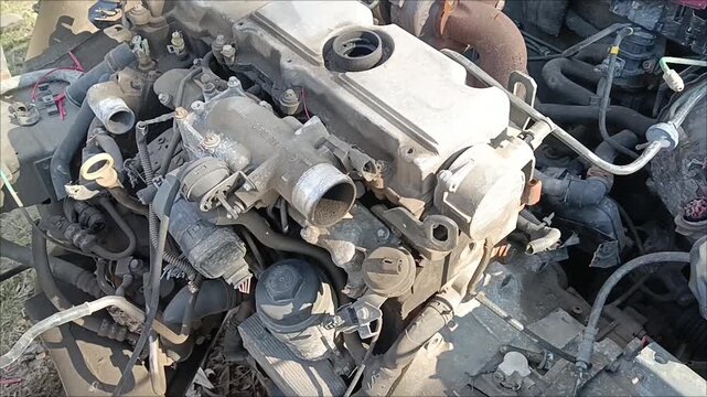 Close-up of a used turbo diesel car engine at a scrapyard. Internal combustion engine parts for recycling and repair. Automotive components.