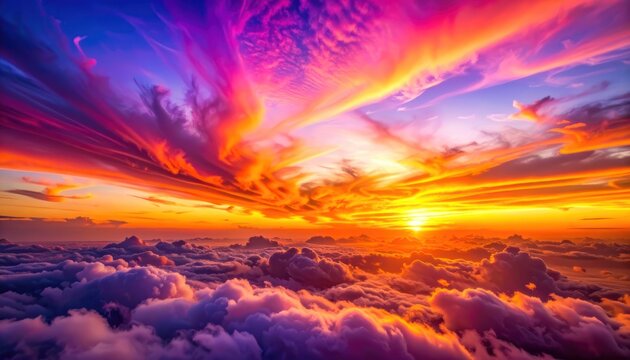 A breathtaking aerial view captures a vibrant sunset over a sea of clouds, showcasing a stunning display of colorful atmospheric phenomena.