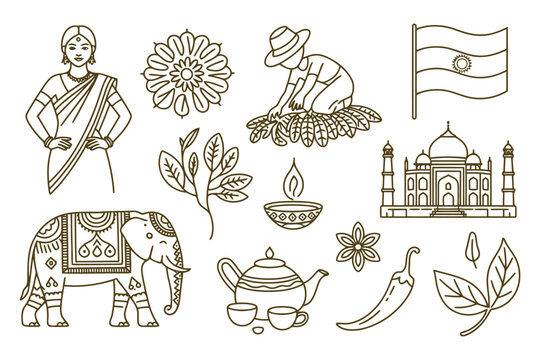 India vector outline line art icons set collection traditional symbols.