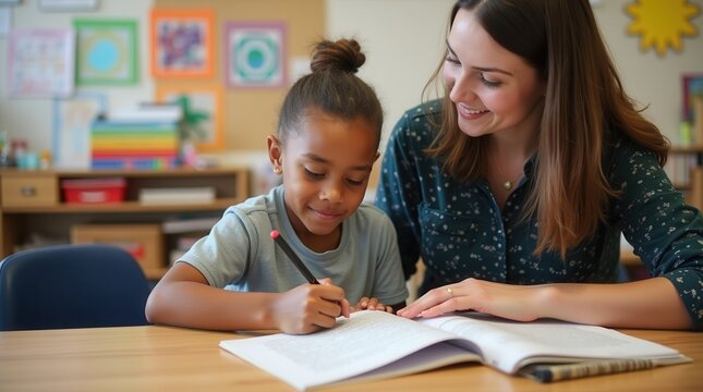 Teacher helping young student with learning disabilities in classroom