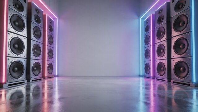 neon lit speaker stacks in empty room