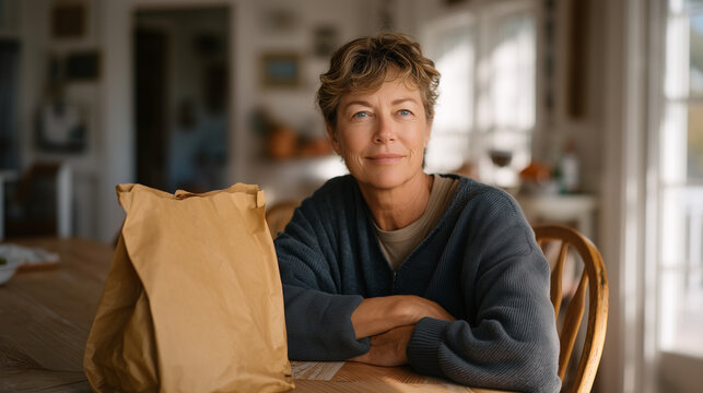 Middle-aged woman sitting alone at a freshly cleaned dining table in a sunlit empty home, her hand resting on a folded school lunch bag, the empty nest transition moment layered with quiet pride, re
