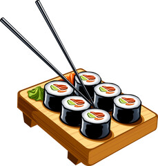 Sushi Roll Plate Realistic Sushi Roll Set on Wooden Board with Chopsticks — Japanese Food Restaurant Illustration on Transparent Background © danishbaig3198
