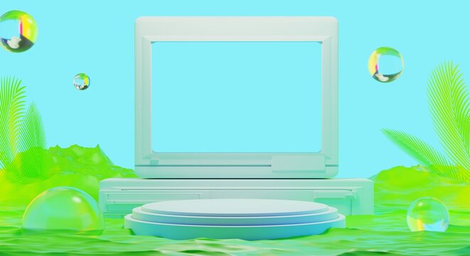 retro-future y2k 2000s frutiger aero aqua web 2.0 gloss with stage podium for product display showcase, 3d illustration rendering abstract background, technology and nature environment concept