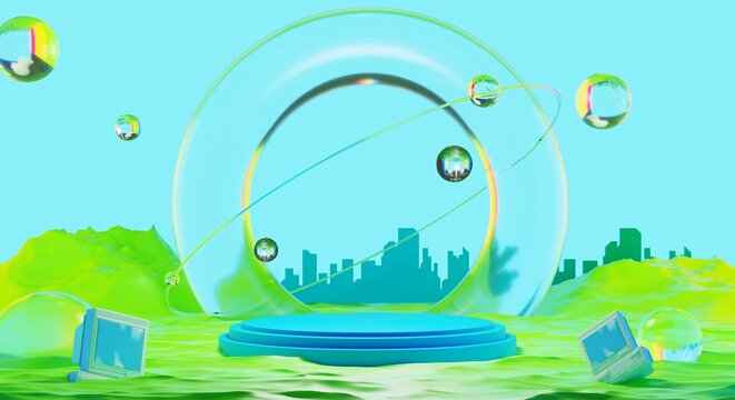 retro-future y2k 2000s frutiger aero aqua web 2.0 gloss with stage podium for product display showcase, 3d illustration rendering abstract background, technology and nature environment concept