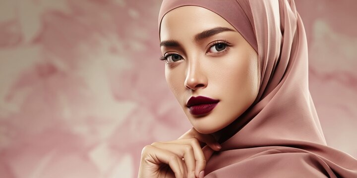 Elegant Malay woman with stylish hijab and bold lipstick, looking confidently
