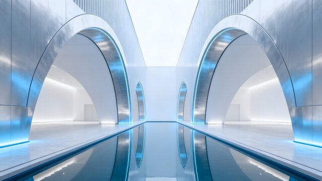 Modern architectural corridor with reflective pool