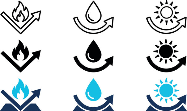 A minimalist professional vector icon set featuring three material protection symbols fire resistant , water resistant  and heat resistant.
