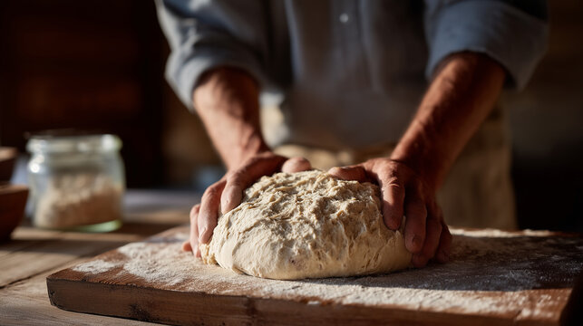 Weathered hands pressing sourdough dough against floured wooden board in rustic kitchen, artisan baking ritual, fermentation culture, natural leavening, homemade bread craft, sourdough starter jar v