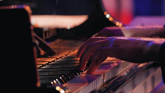 Close-up of a musician's hands playing the piano keyboard during a jazz performance on stage. A detailed close-up a professional pianist's hands on piano keys