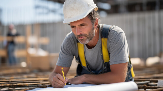Steel fixer crouches in a freshly poured concrete formwork bay, positioning deformed rebar at precise spacing intervals while a structural engineer measures cover depth with a plastic gauge tool and