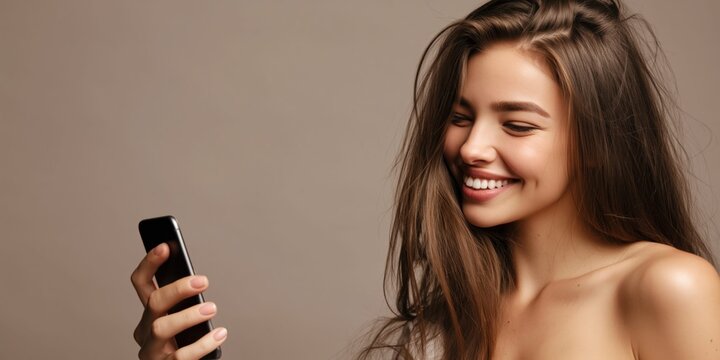 Young woman with long brown hair smiling while looking at her smartphone screen