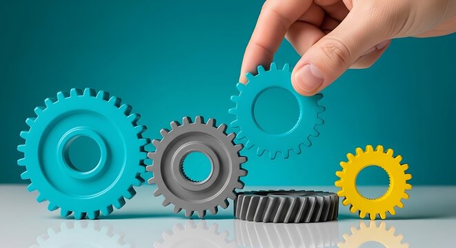 Hand placing blue gear into gray and turquoise interlocking gears on table