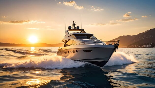 A luxurious white yacht cuts through the water at sunset, creating a stunning display of golden light and spray against a backdrop of distant mountains and a vibrant sky.