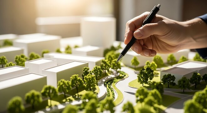 Hand pointing black pen over green architectural model with buildings and trees