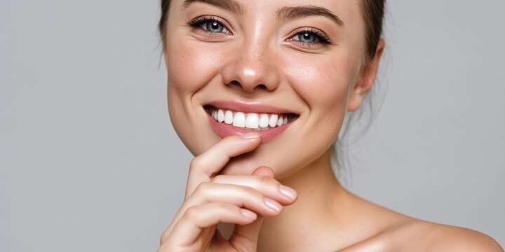 Close-up of a beautiful woman with perfect white teeth smiling and touching her lips