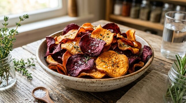A rustic wooden table displays a ceramic bowl filled with colorful beet chips. The chips exhibit a range of vibrant hues, including deep red, orange, and pink.