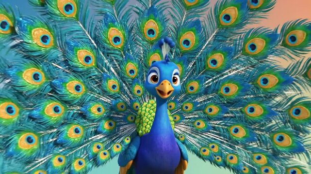 Animated Peacock Displays Vibrant Feathers in a Cartoon Style.